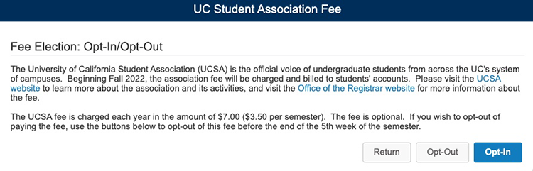 UC Student Association Fee Screenshot
